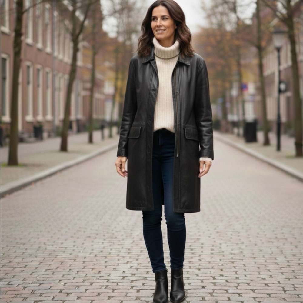 Genuine Leather Black Coat/Jacket Hidden Zipper Unique Stitching Lined